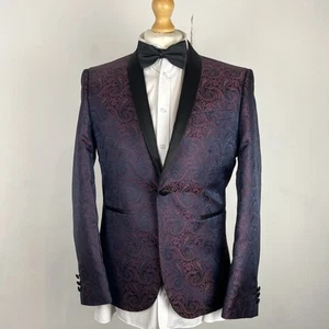 NEXT Blazer Jacket Men's 40S Red Navy Paisley Tuxedo Dinner Skinny Iridescent - Picture 1 of 13