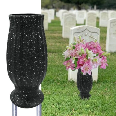 Black Plastic Cemetery Vase, Ground Spike, Modern Cylindrical, Tombstone Marker - Image 1 of 4