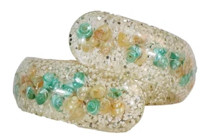 Seashell Confetti Lucite Clamper Bracelet Aqua Silver White Glitter 1950 Vintage - Picture 1 of 8