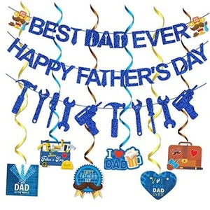 Blue Glitter Best Dad Ever Happy Father's Day Banner Fathers Day Decorations - Picture 1 of 8