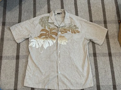复古 Iolani 夏威夷短袖纽扣衬衫男式 XL 棕褐色棕榈花卉美国 — 第 1/4 张图片