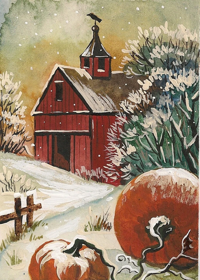 ACEO PRINT OF PAINTING RYTA LANDSCAPE XMAS BARN FOLK HALLOWEEN Americana art 🎃 - Image 1 of 1