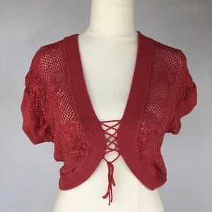 Katherine Womens Y2K Bamboo Crochet Crop Cardigan Dusty Red Boho Hippie 8 - Picture 1 of 9