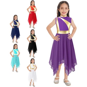 Girls Lyrical Dance Dress Asymmetrical Sleeveless Costume Tunic Dancewear Outfit - Picture 1 of 56