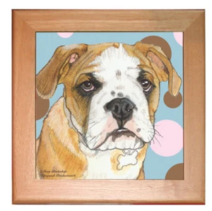 Bulldog Dog Kitchen Ceramic Trivet Framed in Pine 8" x 8" - Picture 1 of 1