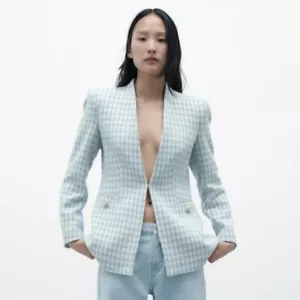 ZARA NEW w TAG HOUNDSTOOTH DOUBLE-BREASTED BLAZER JACKET COAT BLUE size M - Picture 1 of 17