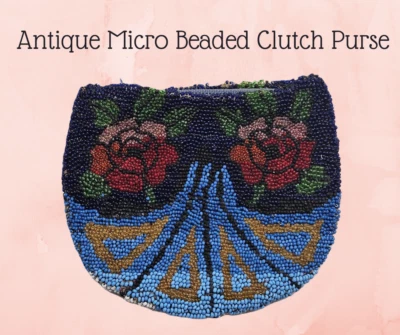 Antiguo bolso sin asas con micro cuentas rosas rojas y rosas sobre azul para resto Foto 1 de 4