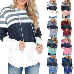 Women Color Block Drawstring Hoodie Hooded Pullover Top Long Sleeve Sweatshirt - Picture 1 of 17