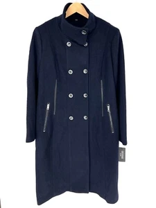 GUESS Funnel Neck Peacoat Womens Size XL Trench Coat Navy Double Breasted Long - Picture 1 of 19