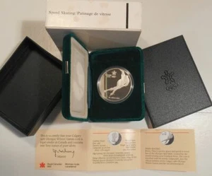 Canadá 1985 prueba de $20 1988 Olympics 0,925 plata certificado de autenticidad patinaje de velocidad OGP - Imagen 1 de 3