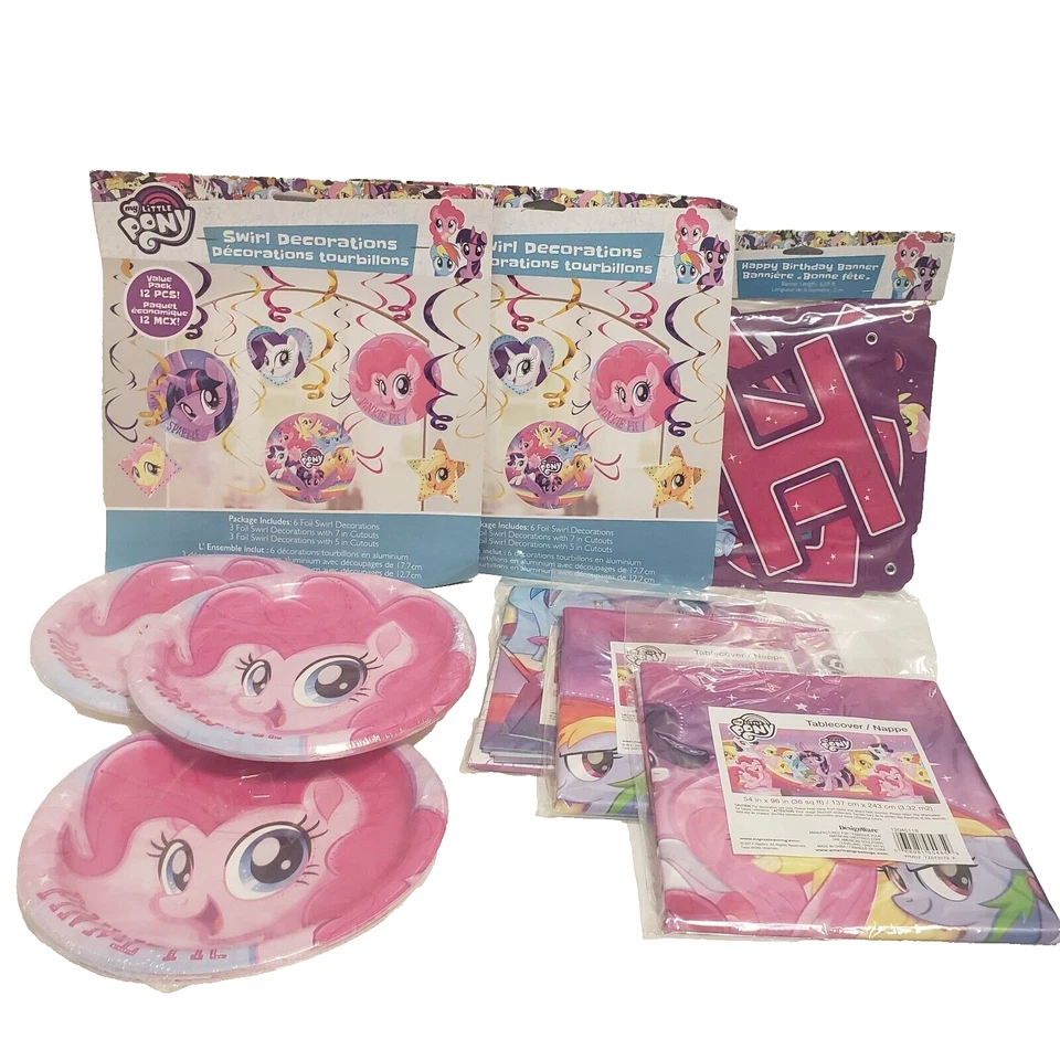 PACK de fiesta de cumpleaños My Little Pony: cubierta de mesa, placas, pancarta, decoración de remolino Foto 1 de 4