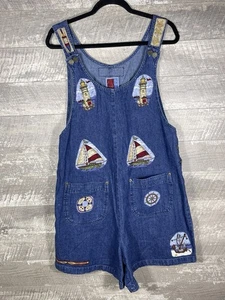 VTG 90s Sailboat Lighthouse Nautical Denim Blue Jean Bib Shortalls Sz L Coastal - Picture 1 of 24