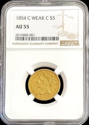 1854 C CHARLOTTE GOLD US $5 LIBERTY HEAD HALF EAGLE WEAK C MINT MARK NGC AU 55 - Image 1 of 3