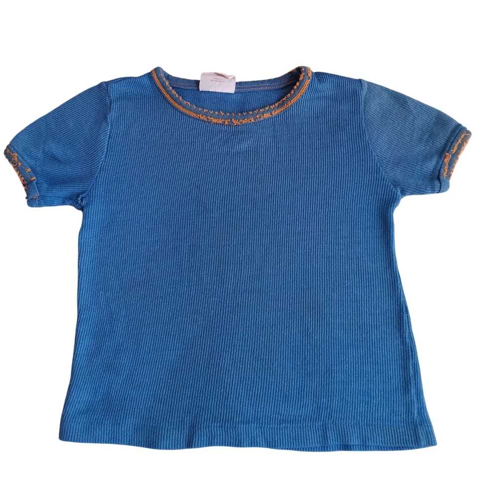 Camiseta Top 5-6 Vintage Años 80 Niñas Thin KNit JC PENNEY AZUL/NARANJA RIBETE Foto 1 de 4