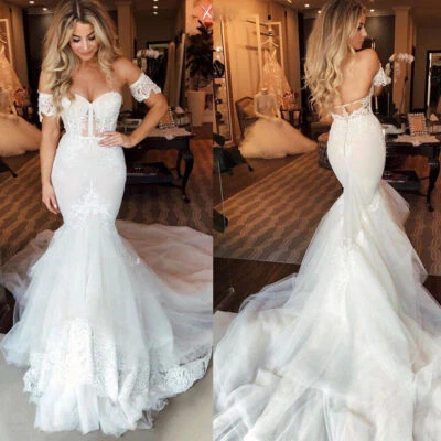 Beach Mermaid Wedding Dresses with Court Train Lace Appliques Bridal Gowns - Image 1 of 4