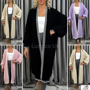 Damen Frauen Ballonärmel Grobstrick Oversize Long Pullover Maxi Strickjacke - Bild 1 von 9