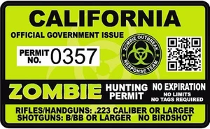 Calcomanía Calcomanía Permiso de Caza de Zombies de California Respuesta al Brote ca Walking Dead - Imagen 1 de 1