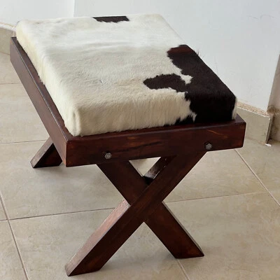 African Black And White Cowhide Ottoman X Leg Stool Home Decor - Image 1 of 4