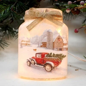 Stony Creek Decorative Lighted Glass Country Christmas Red Truck 4" Jar MSN72A - Picture 1 of 13