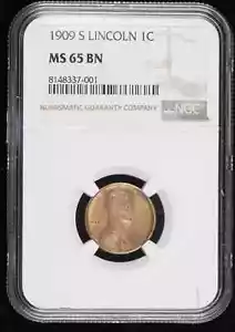 1909 S Small Cents Lincoln, Wheat Ears Reverse NGC MS-65 BN - Picture 1 of 4