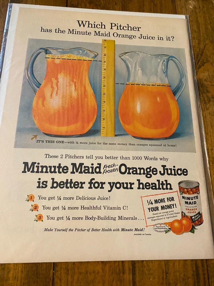De colección 1955 Minute Maid Orange Juice Which Pitcher anuncio Foto 1 de 1