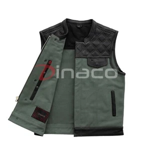 Biker Lederweste grün Canvas Motorrad Club Weste Rautensteppung Fahrausrüstung - Bild 1 von 5