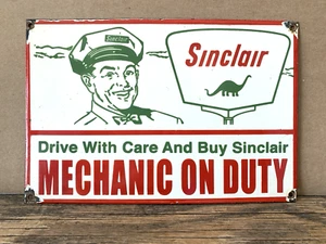 VINTAGE SINCLAIR DINO MECHANIC ON DUTY GAS MOTOR OIL PUMP STATION PORCELAIN SIGN - Picture 1 of 13