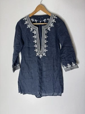 Top túnica Saks Fifth Avenue 100 % lino bordado manga 3/4 azul marino playa boho S Foto 1 de 4