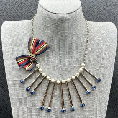 Collar babero llamativo tono dorado imitación perla azul cristal flecos cinta lazo cadena Foto 1 de 4