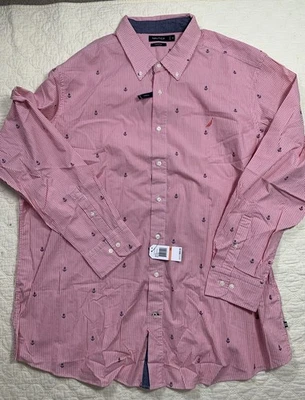 Camisa masculina Nautica listra rosa âncoras náuticas manga longa botão para baixo 3XL NOVA - Imagem 1 de 4