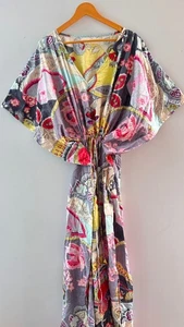 Indian Vintage 100% Cotton Long Beach Maxi Kaftan Dress One Size Caftan Kimono - Picture 1 of 4