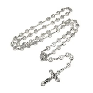 Saint Benedict Rosary Necklace Vintage Silver Metal Prayer Beads for Neckl - Picture 1 of 7