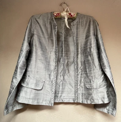 Chico's Womens Silk Braided Style Trim Open Front Blazer Jacket Size 1 Gray - Image 1 of 4