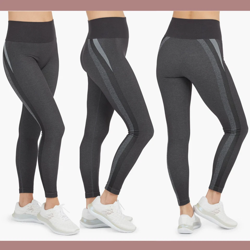 SPANX Seamless Track Stripe LEGGINGS LARGE Grey Graphite Dust 50232R