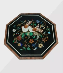 15" Black Marble Side Center Table Top Inlay Multi Stone Bird Malachite Decor - Picture 1 of 5