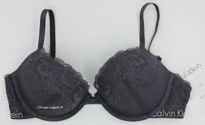 NWT Calvin Klein QP1445 "In 5ni Nine Iron" Conrour, Push Up, Lace Bra, Gray, 34C - Image 1 of 4