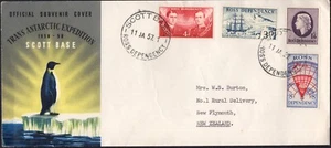 1957 Nueva Zelanda Ross Dependencia conjunto de 4 estampillas predecimales base cancelación FDC, GC - Imagen 1 de 1