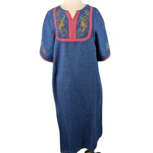 The Vermont Coutry Store Dress Womens L Blue Denim Floral Embroidered Lagenlook - Picture 1 of 10