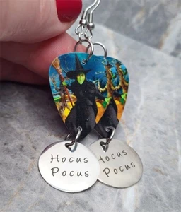 The Wizard of Oz Wicked Witch Guitar Pick Earrings with "Hocus Pocus" Charms - Picture 1 of 4