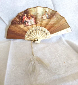 Vintage Small Oriental Style Plastic and Fabric Hand Held Folding Fan 8.75" x 5" - Picture 1 of 8