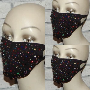 LOT OF 3 MULTICOLORS SPARKLY BEADS ON BLACK WASHABLE STRETCH FACE MASK INDIANA - Picture 1 of 1