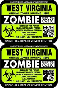 ProSticker 1258 (Two) 3"x4" West Virginia Zombie Hunting License Decals Sticker - Picture 1 of 1