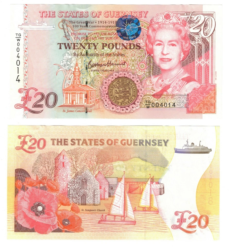 2018 States of Guernsey 20 Pounds Banknote UNC P63 QEII Commemorative Great War - Image 1 of 1