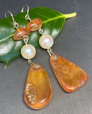 Vintage Amber Pearl Vintage Earrings 18K 14K Gold Estate Fine Jewelry Pre-Owned - Image 1 of 4