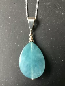 NEW HANDCRAFTED AQUAMARINE STONE NECKLACE PENDANT STERLING SILVER CHAIN & BAIL - Picture 1 of 5