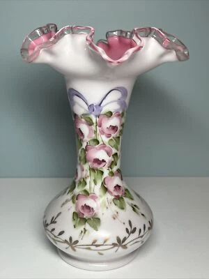 Fenton Peach Crest Ruffled Vase Charleton Hand-Painted Floral Pink White 8 "Tall - Image 1 of 4
