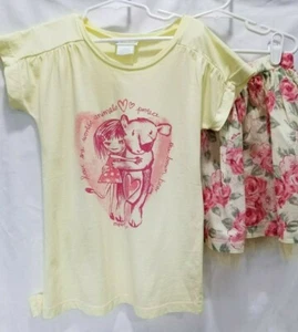 NAARTJIE Girls Outfit 6 Yellow  2pc Bear Yellow Pink Floral Skirt 100% Cotton - Picture 1 of 8