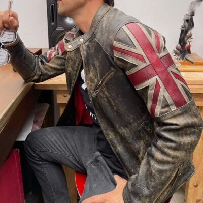 SUPERIOR LEATHER Giacca Uomo Moto Vintage Cafe Racer Union Jack in Pelle d'Agnello Effetti Antivecchiato