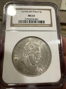 1870M ITALY 5 LIRE NGC MS61 - Picture 1 of 2