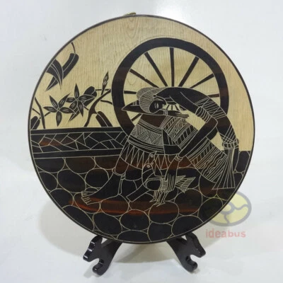 Hand Line Carved and Painted ⌀12“Wood Plate wall tabletop decor: Silent Garden - Image 1 of 4